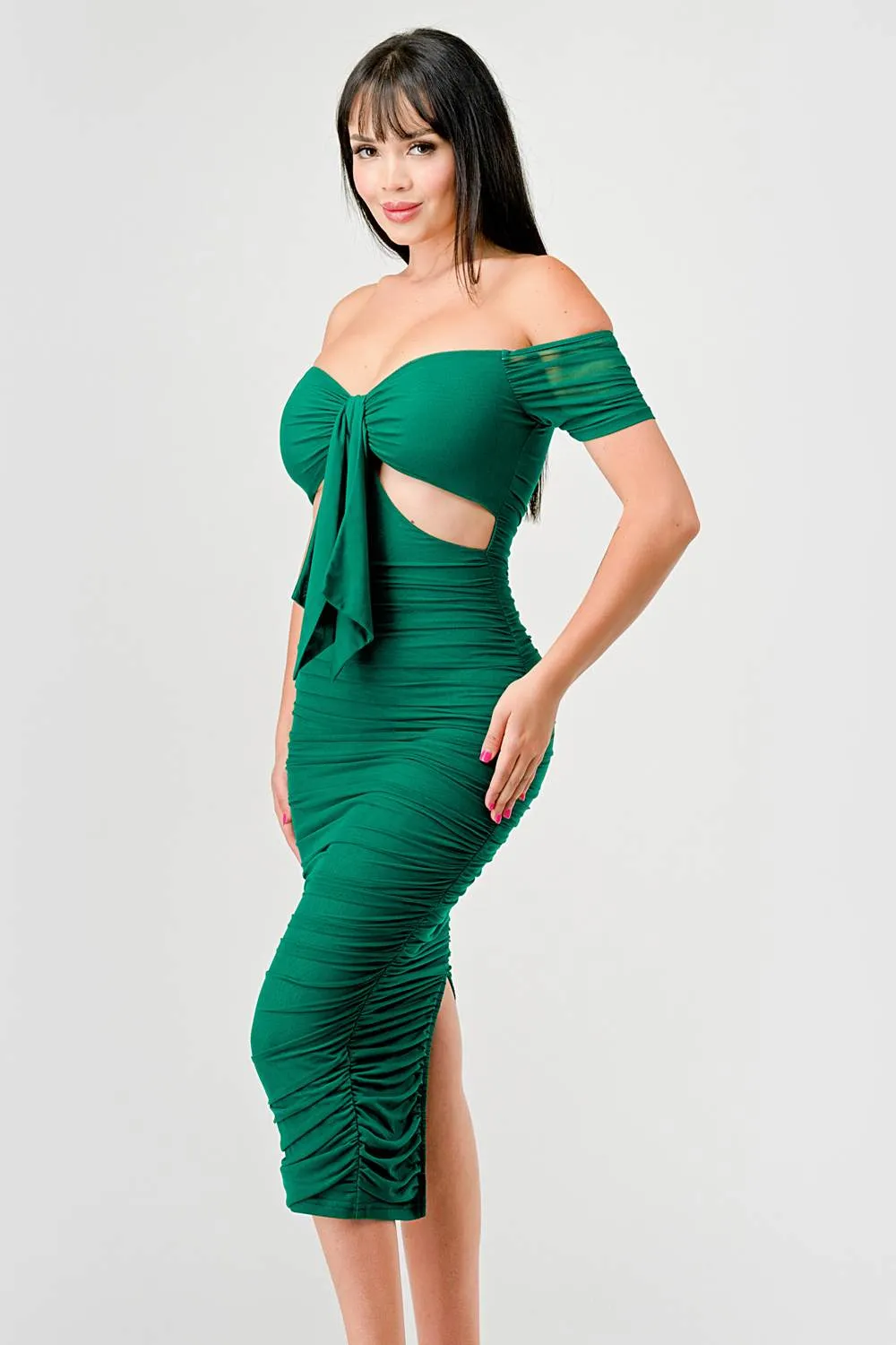 LUX OFF SHOULDER SIDE CUT KNOT TIE MIDI DRESS