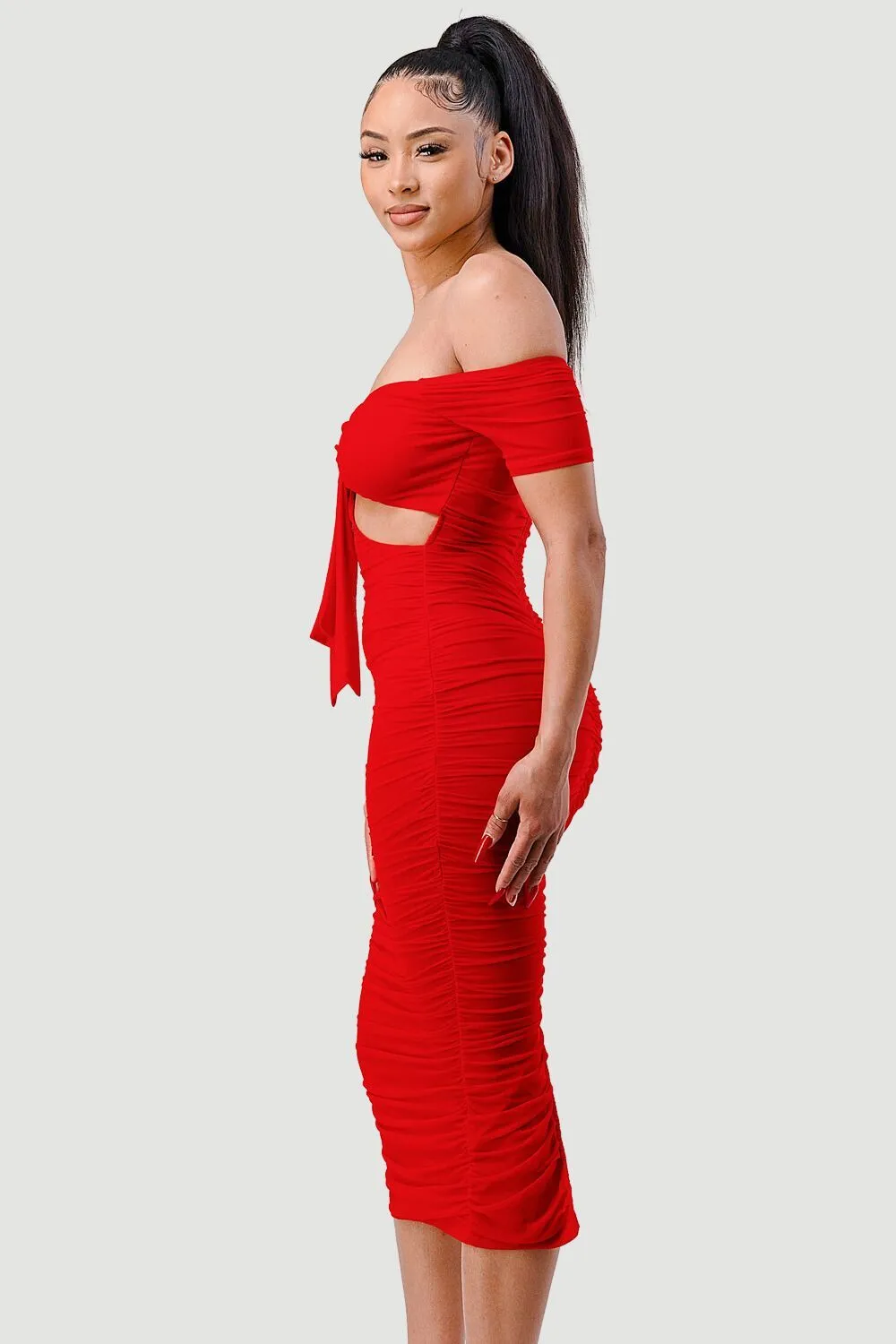 LUX OFF SHOULDER SIDE CUT KNOT TIE MIDI DRESS