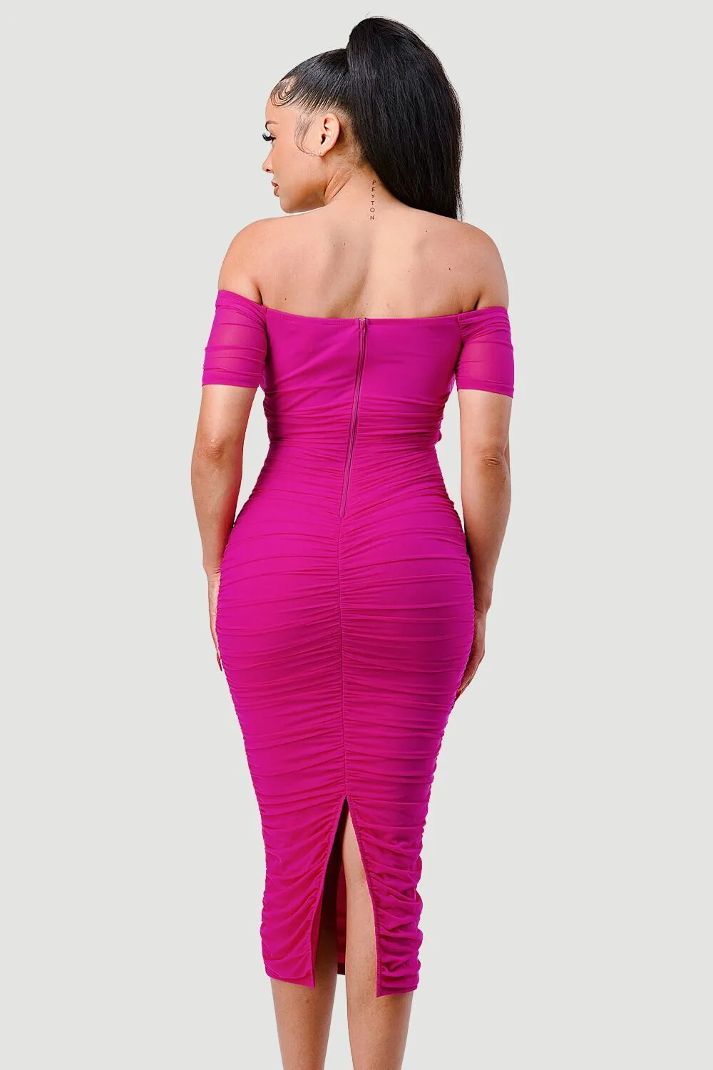 LUX OFF SHOULDER SIDE CUT KNOT TIE MIDI DRESS