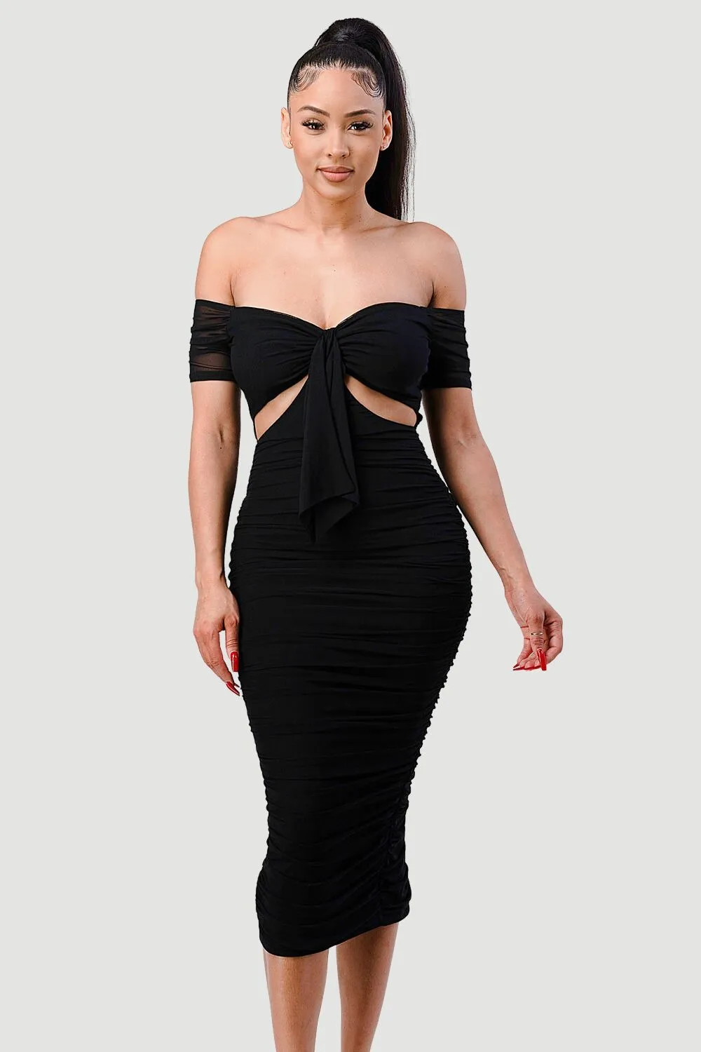 LUX OFF SHOULDER SIDE CUT KNOT TIE MIDI DRESS