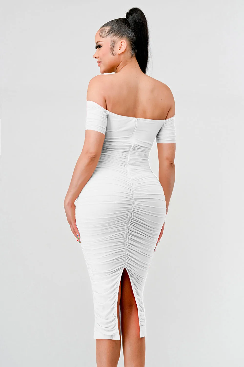 LUX OFF SHOULDER SIDE CUT KNOT TIE MIDI DRESS