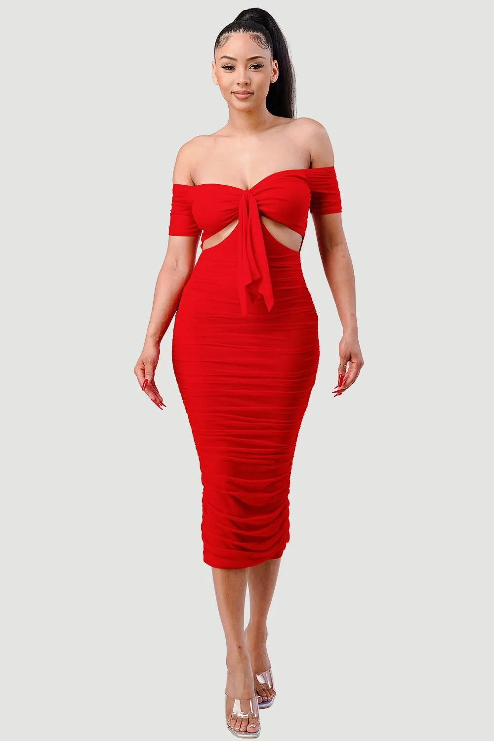 LUX OFF SHOULDER SIDE CUT KNOT TIE MIDI DRESS