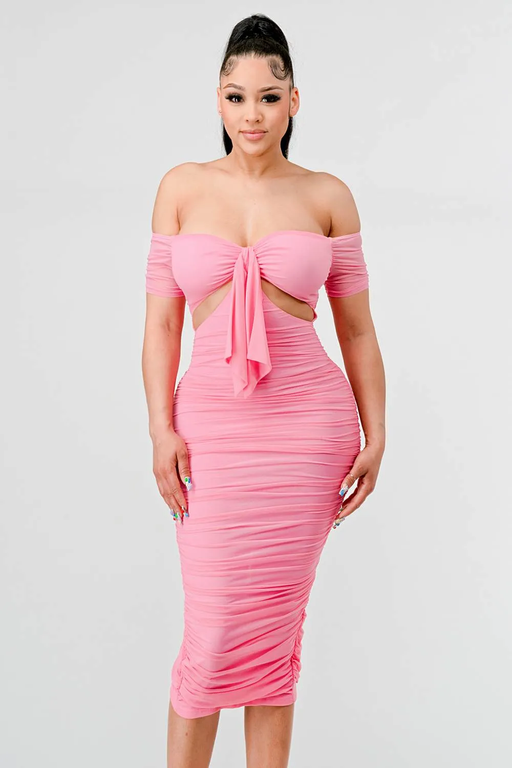 LUX OFF SHOULDER SIDE CUT KNOT TIE MIDI DRESS