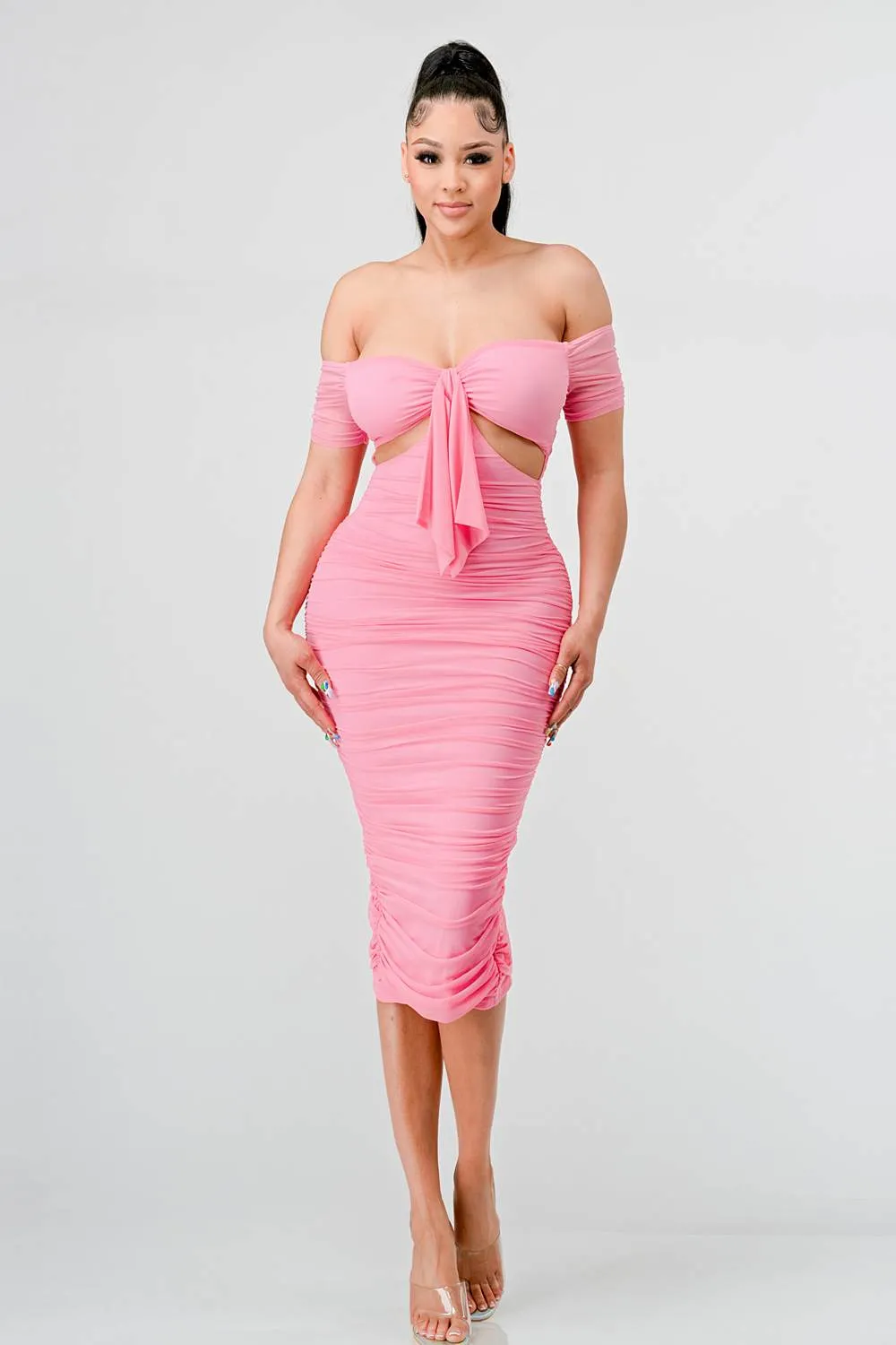 LUX OFF SHOULDER SIDE CUT KNOT TIE MIDI DRESS