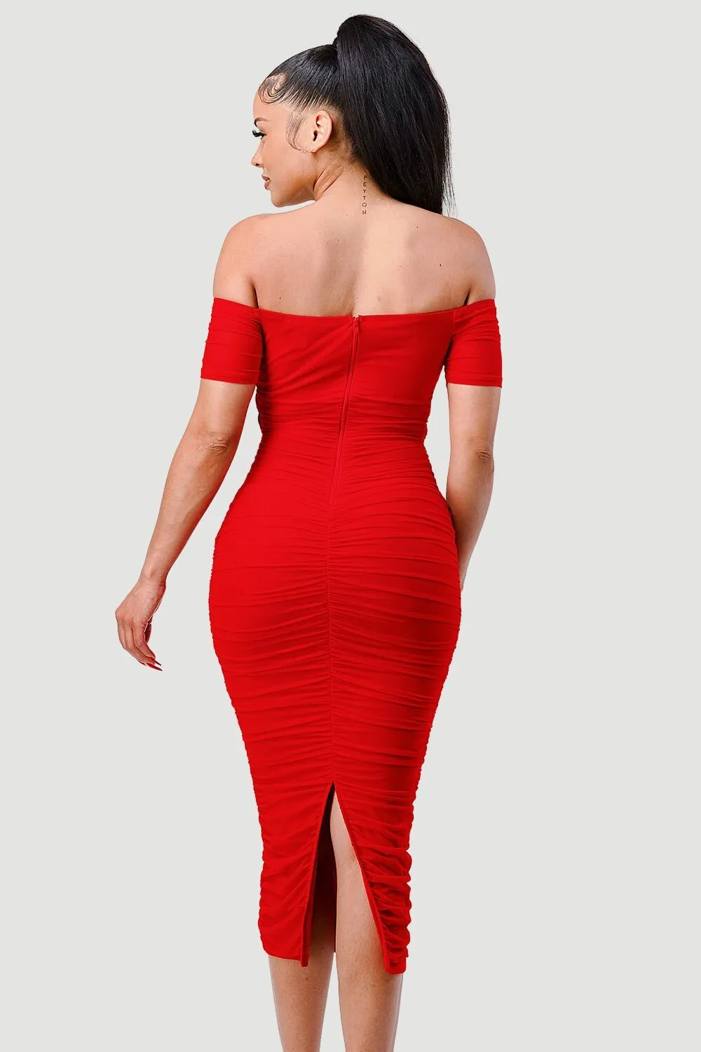 LUX OFF SHOULDER SIDE CUT KNOT TIE MIDI DRESS