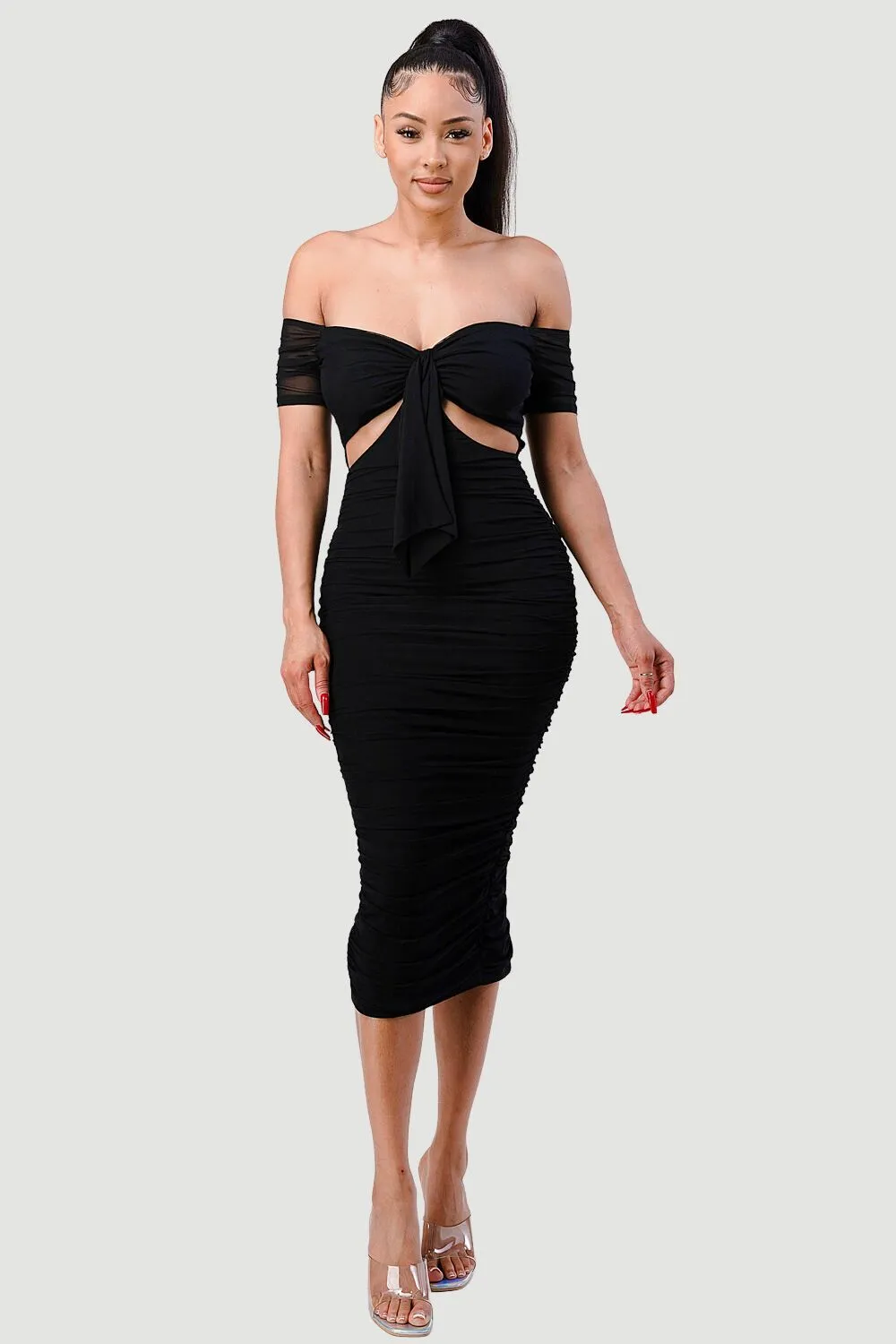 LUX OFF SHOULDER SIDE CUT KNOT TIE MIDI DRESS