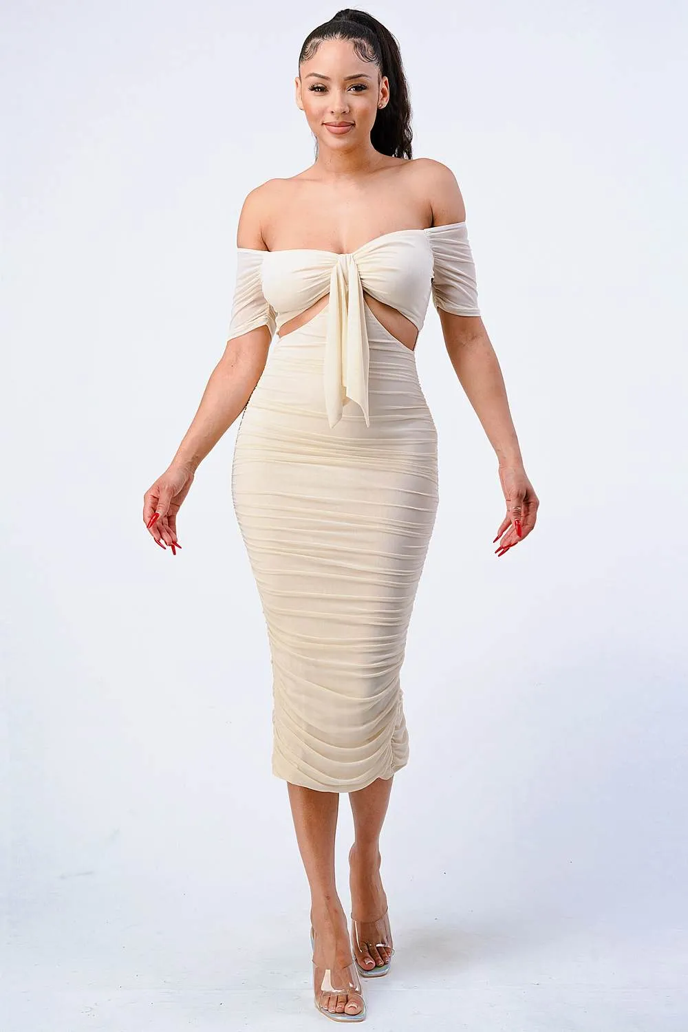 LUX OFF SHOULDER SIDE CUT KNOT TIE MIDI DRESS