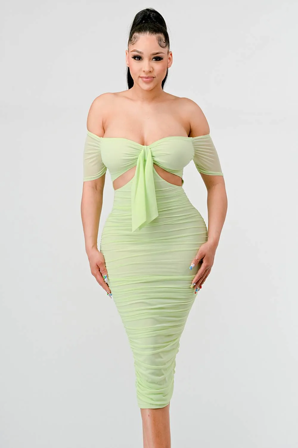 LUX OFF SHOULDER SIDE CUT KNOT TIE MIDI DRESS