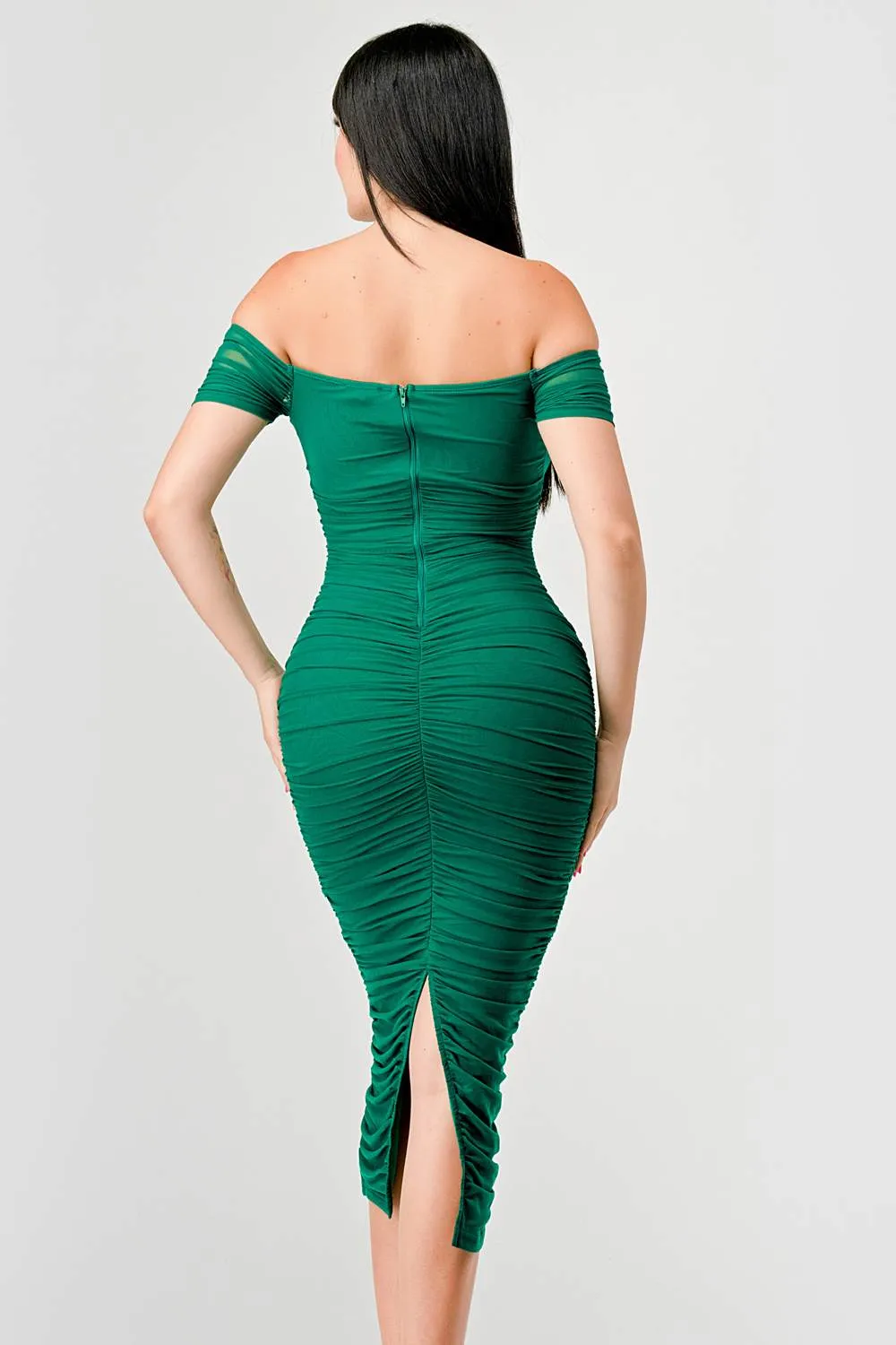 LUX OFF SHOULDER SIDE CUT KNOT TIE MIDI DRESS