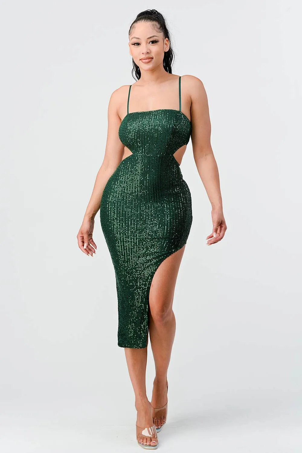 LUX SEQUINS SIDE CUTOUTS SLITTED MIDI DRESS