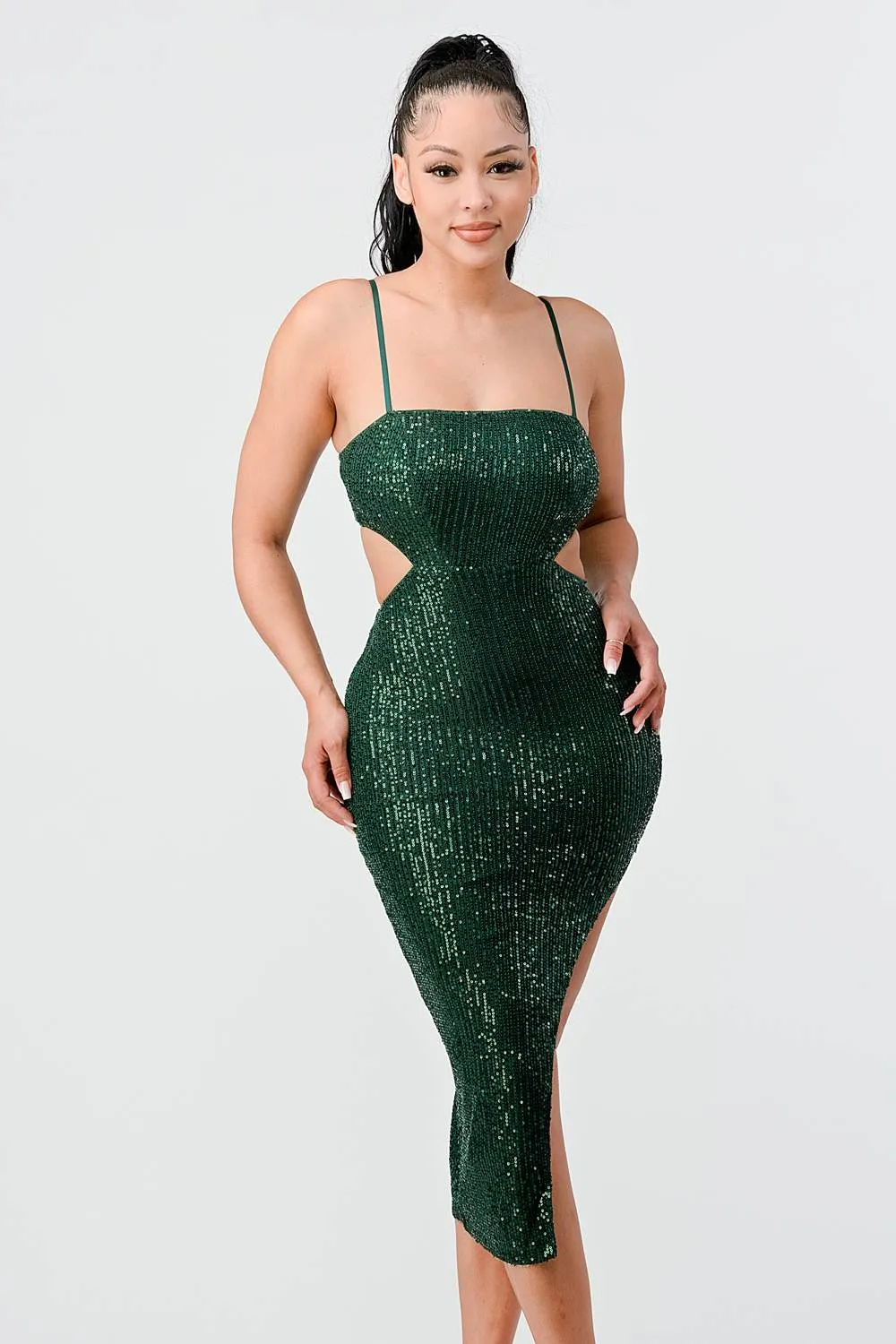 LUX SEQUINS SIDE CUTOUTS SLITTED MIDI DRESS