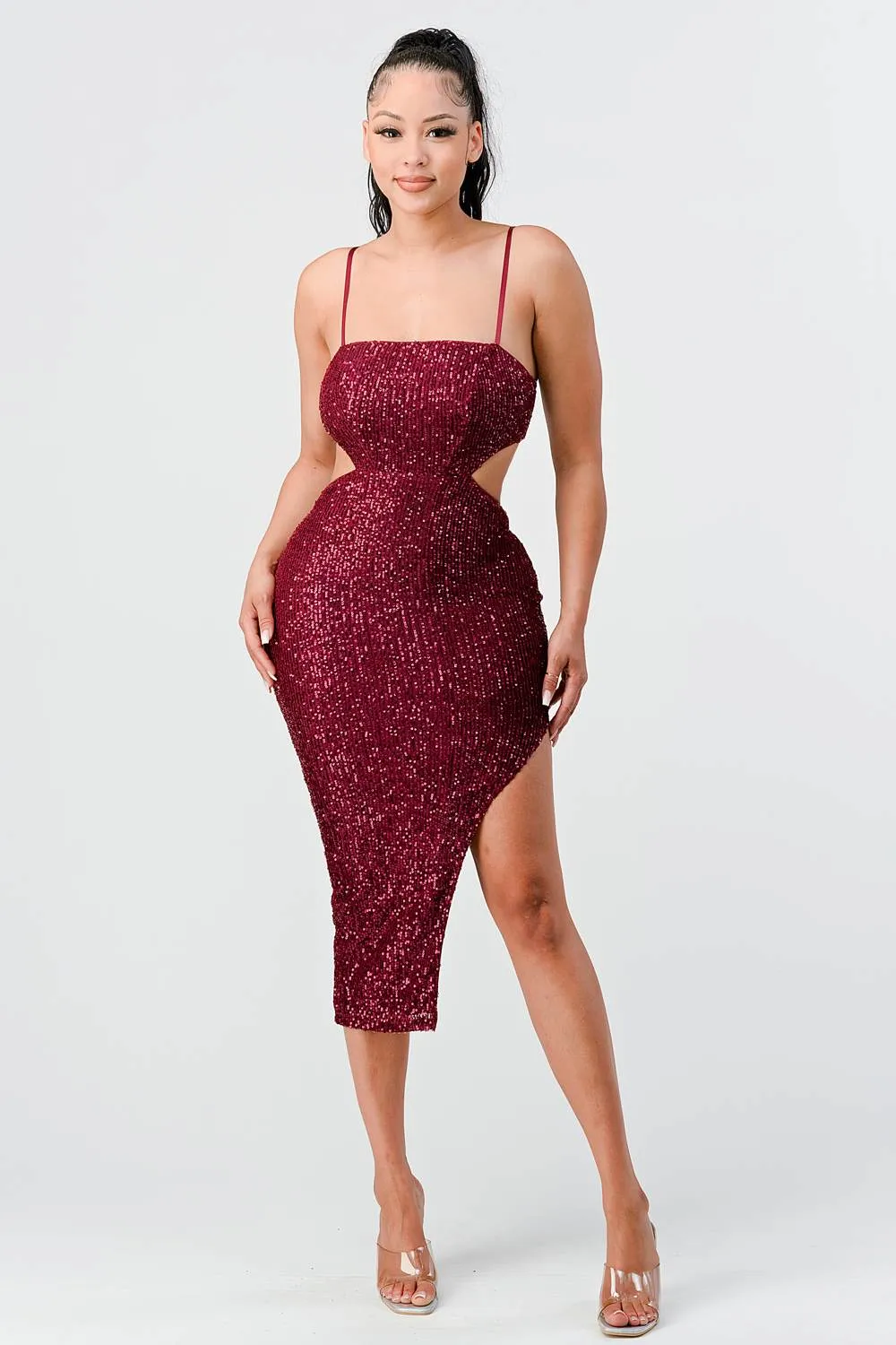 LUX SEQUINS SIDE CUTOUTS SLITTED MIDI DRESS