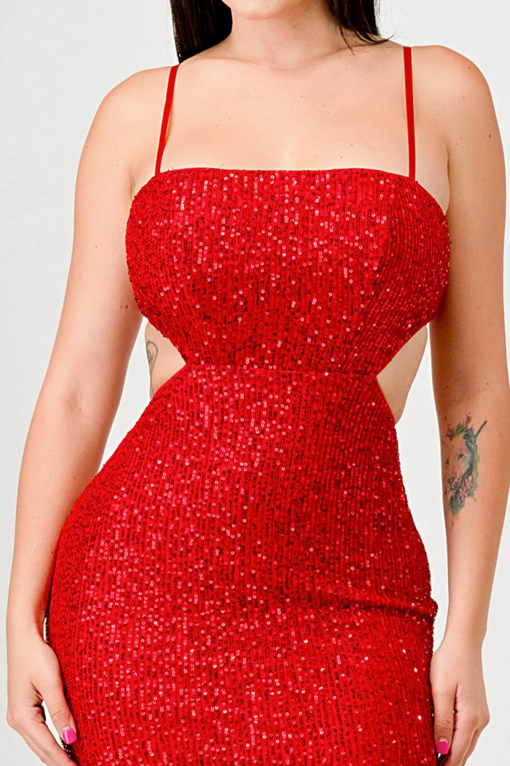 LUX SEQUINS SIDE CUTOUTS SLITTED MIDI DRESS