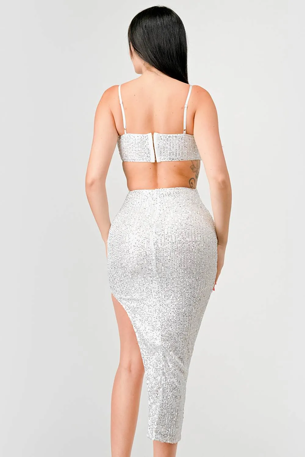 LUX SEQUINS SIDE CUTOUTS SLITTED MIDI DRESS