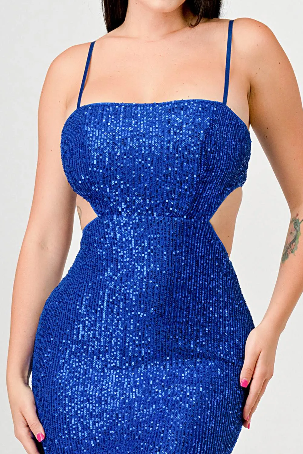 LUX SEQUINS SIDE CUTOUTS SLITTED MIDI DRESS