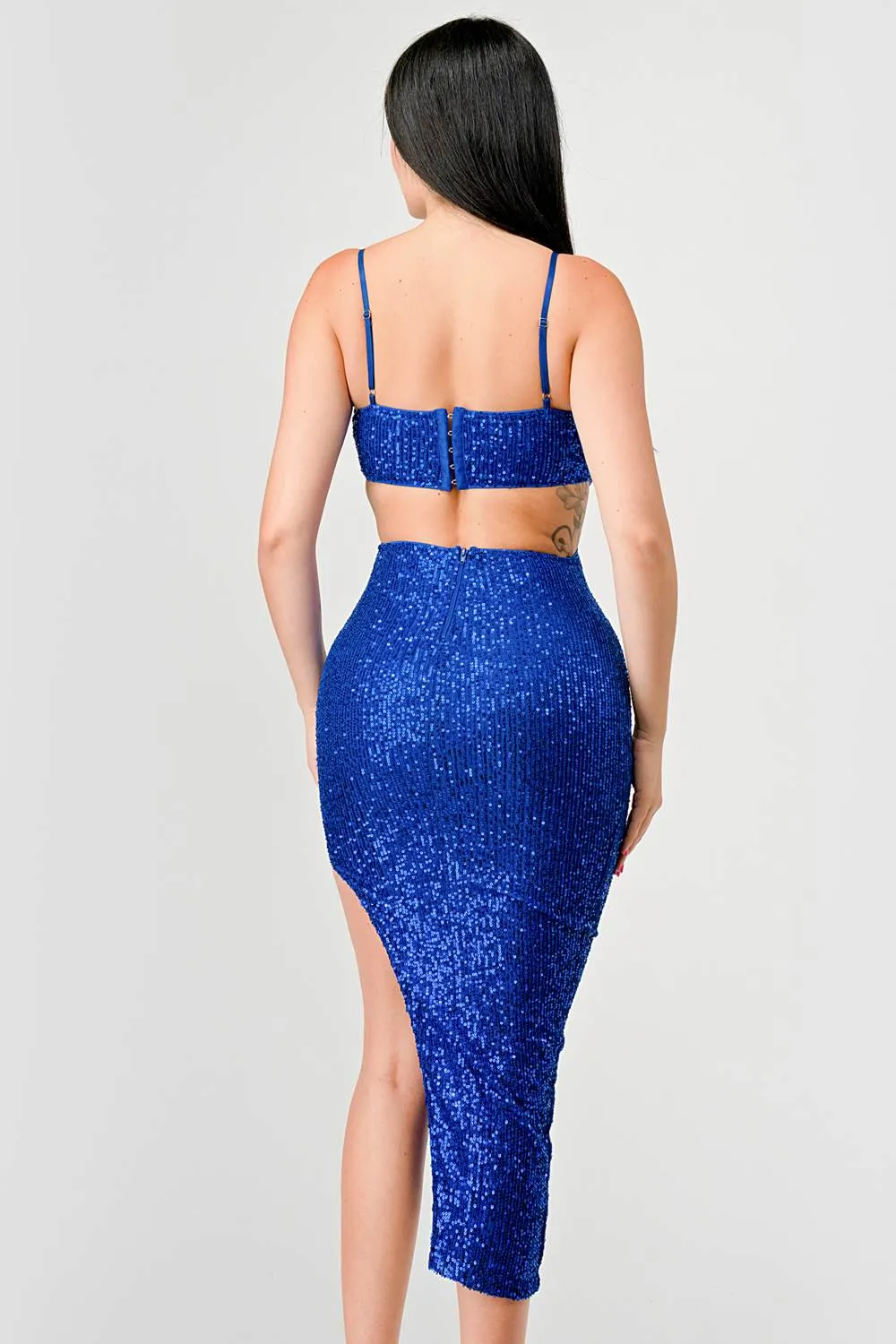 LUX SEQUINS SIDE CUTOUTS SLITTED MIDI DRESS