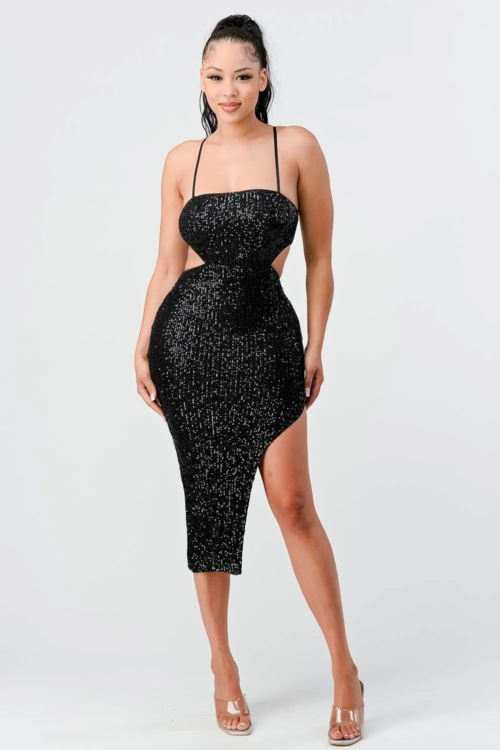 LUX SEQUINS SIDE CUTOUTS SLITTED MIDI DRESS