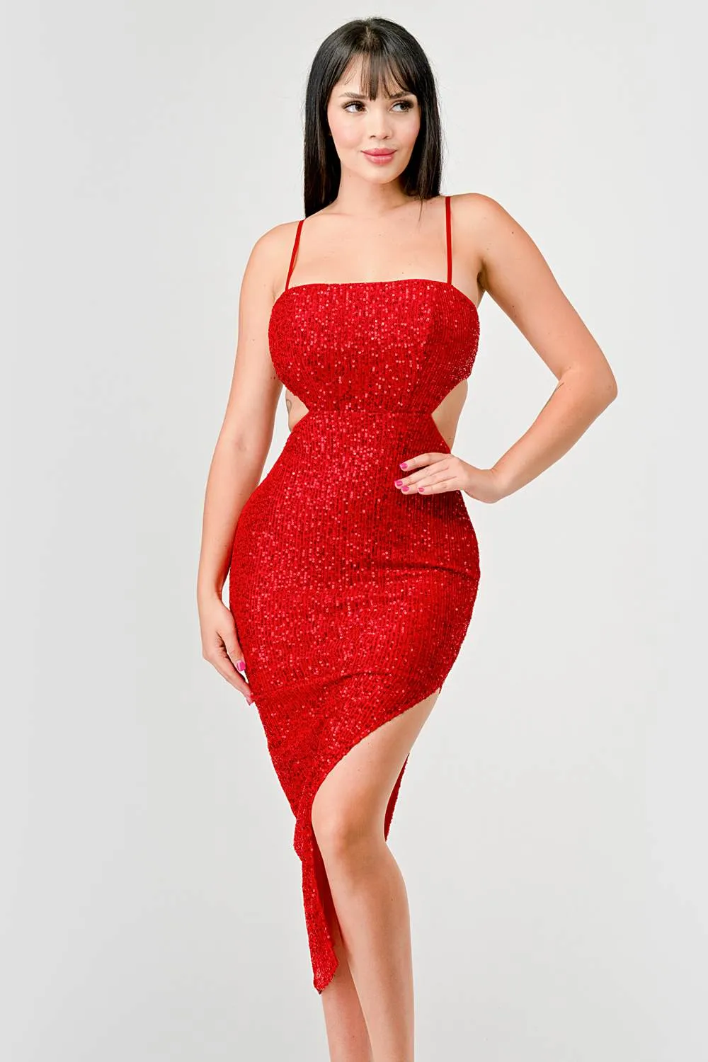 LUX SEQUINS SIDE CUTOUTS SLITTED MIDI DRESS