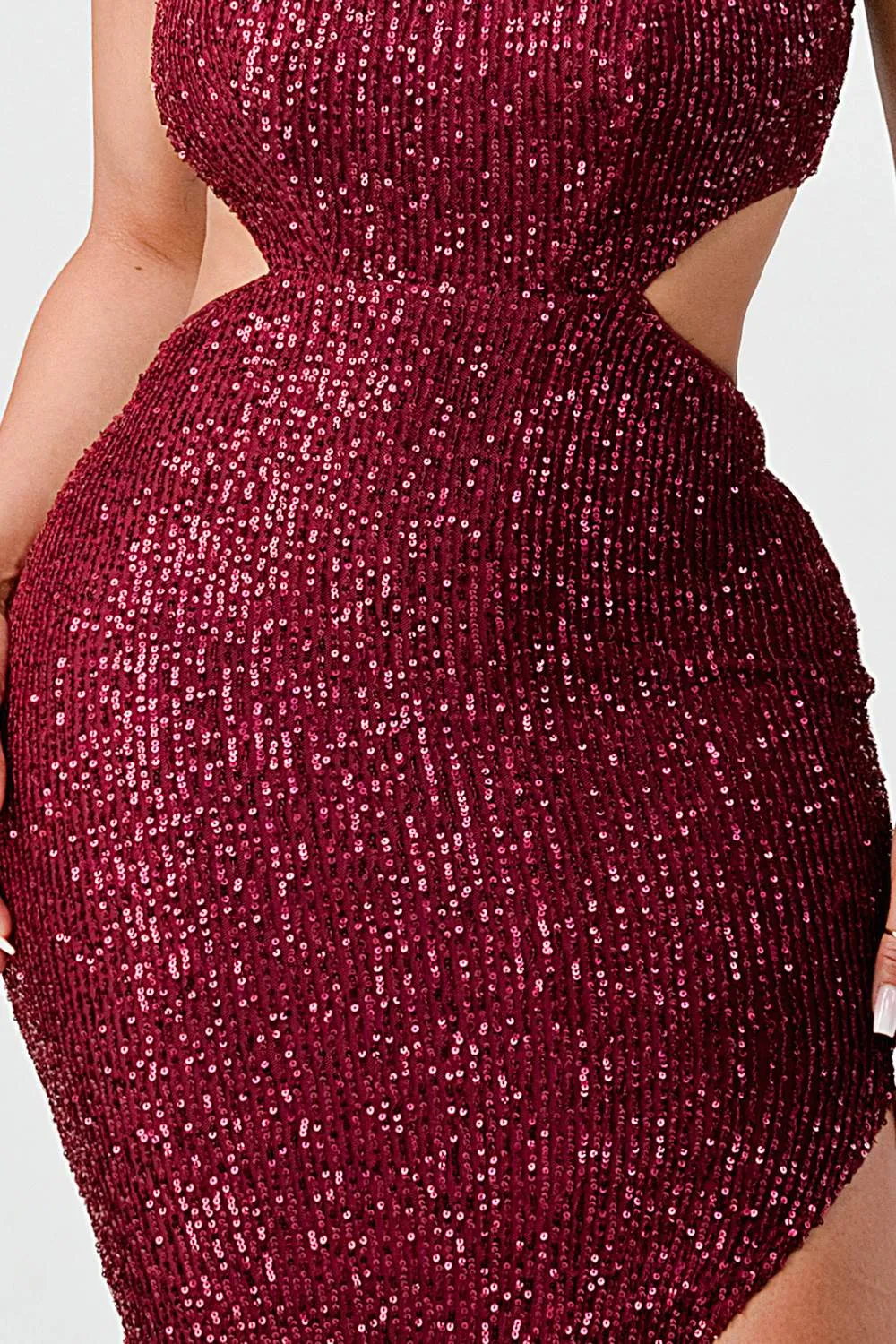 LUX SEQUINS SIDE CUTOUTS SLITTED MIDI DRESS