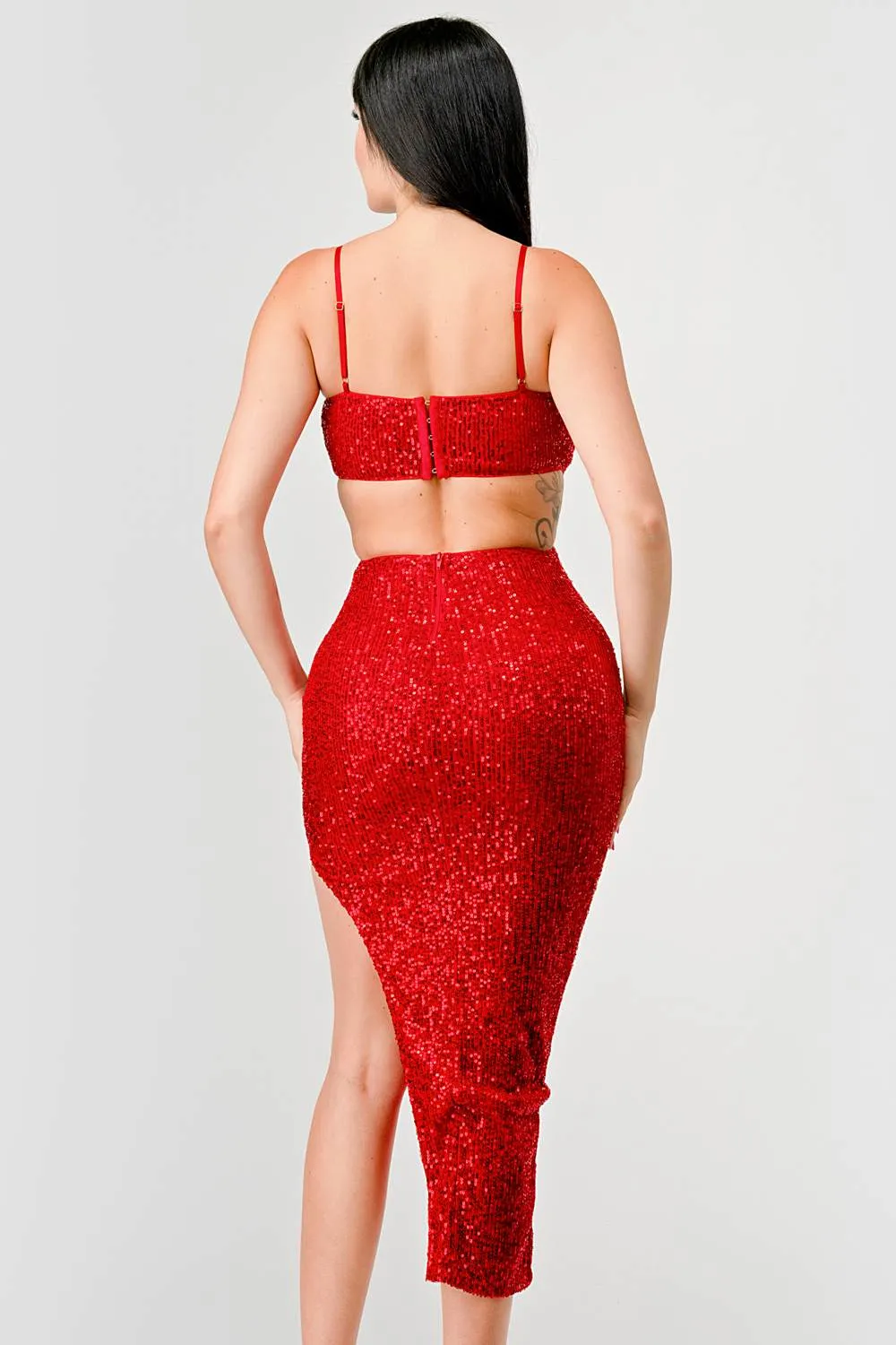 LUX SEQUINS SIDE CUTOUTS SLITTED MIDI DRESS