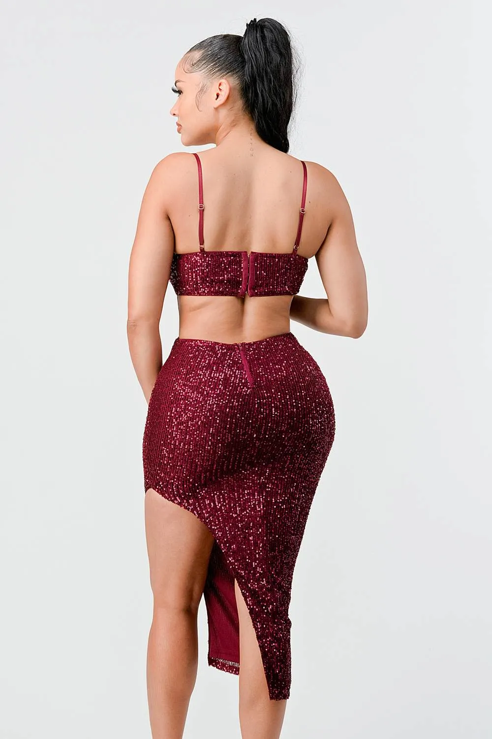 LUX SEQUINS SIDE CUTOUTS SLITTED MIDI DRESS