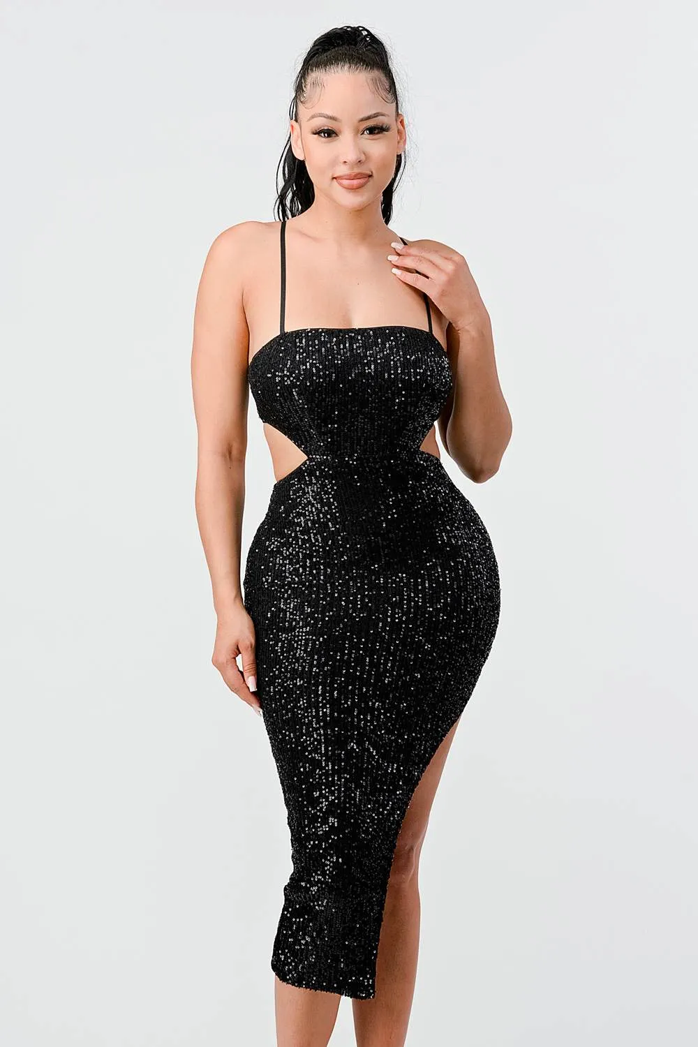 LUX SEQUINS SIDE CUTOUTS SLITTED MIDI DRESS