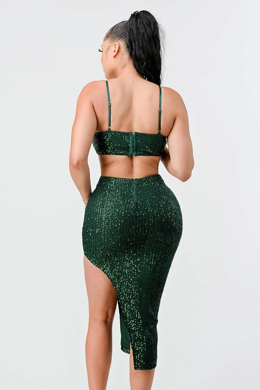 LUX SEQUINS SIDE CUTOUTS SLITTED MIDI DRESS