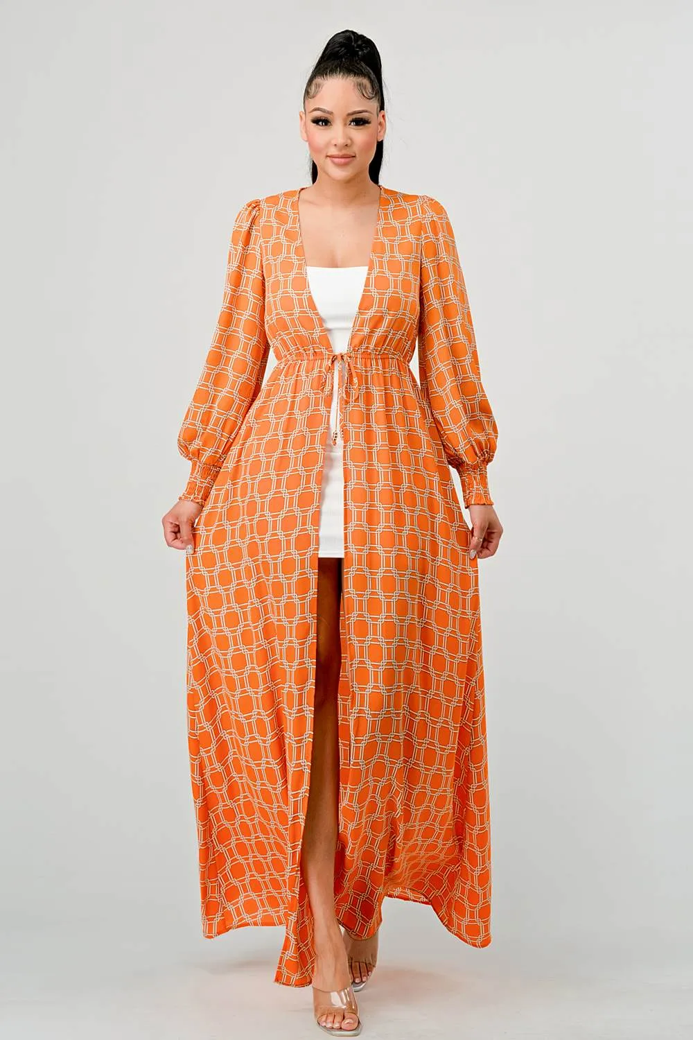 LUX WOOLDOBBY PRINT WAIST TIE MAXI KIMONO CARDIGAN