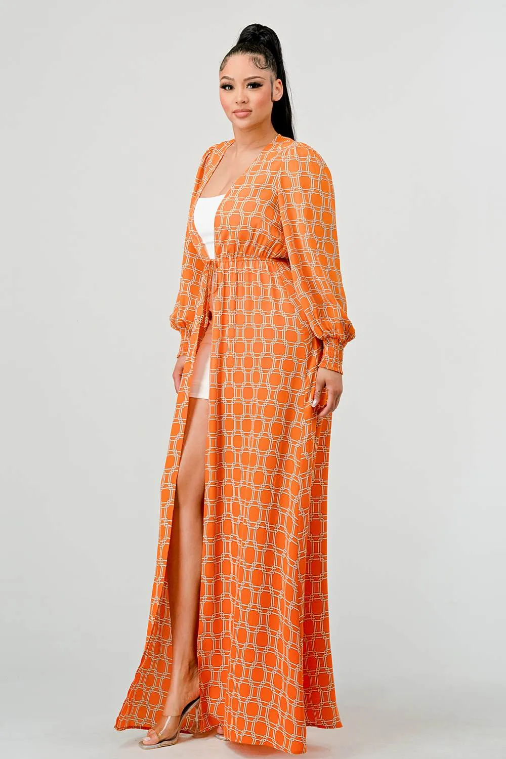 LUX WOOLDOBBY PRINT WAIST TIE MAXI KIMONO CARDIGAN