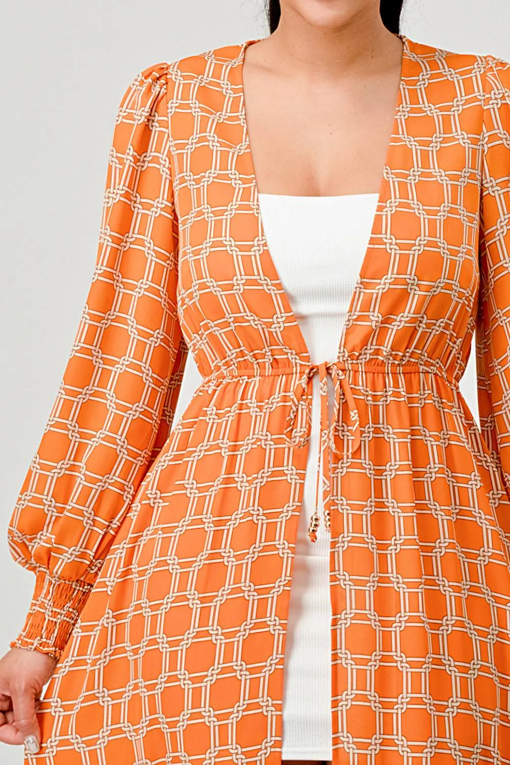 LUX WOOLDOBBY PRINT WAIST TIE MAXI KIMONO CARDIGAN
