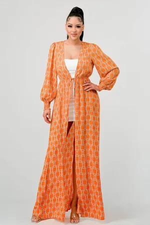 LUX WOOLDOBBY PRINT WAIST TIE MAXI KIMONO CARDIGAN