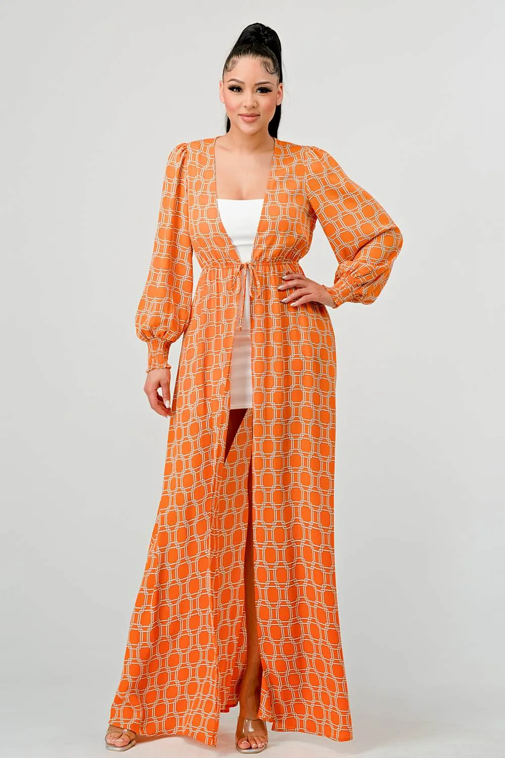 LUX WOOLDOBBY PRINT WAIST TIE MAXI KIMONO CARDIGAN