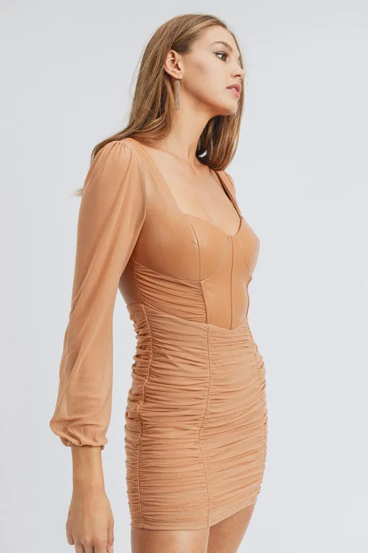 Mesh Ruched PU Contrast Bodycon DresS