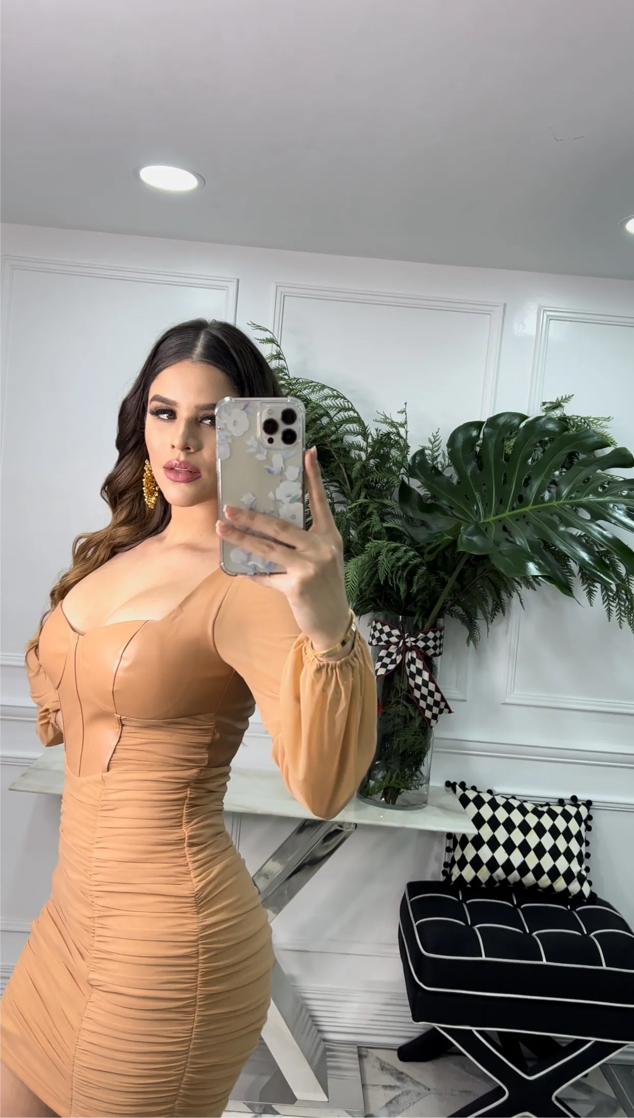 Mesh Ruched PU Contrast Bodycon DresS