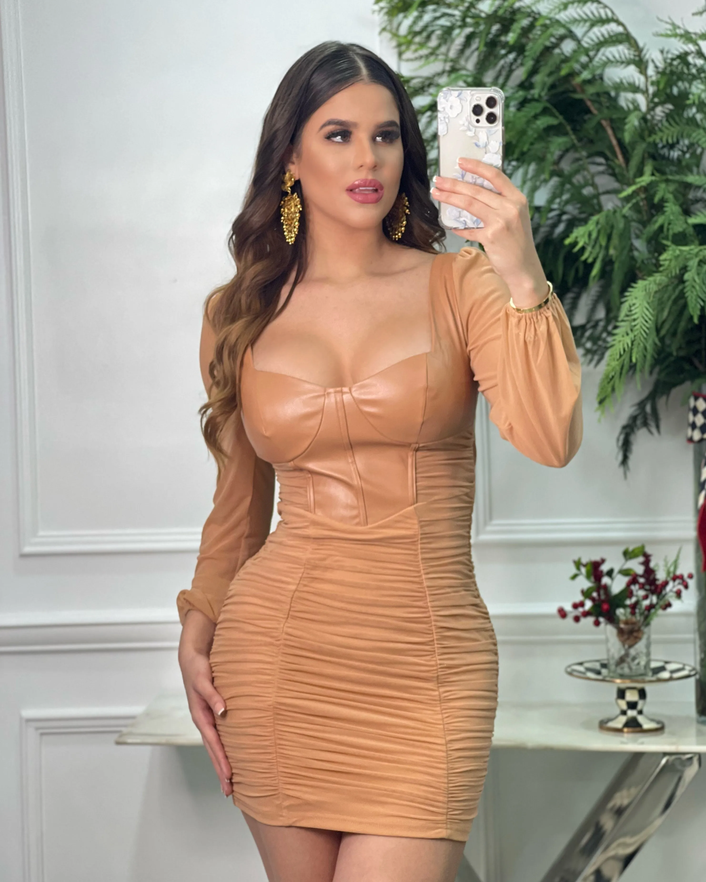 Mesh Ruched PU Contrast Bodycon DresS