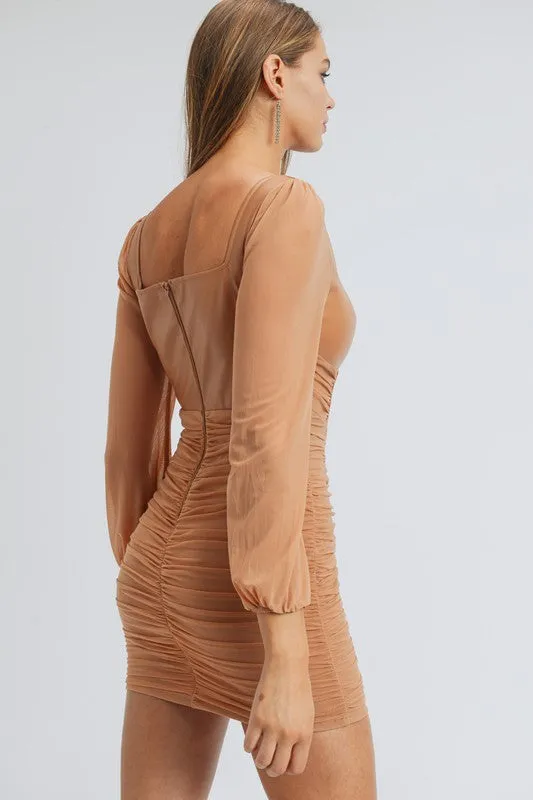 Mesh Ruched PU Contrast Bodycon DresS