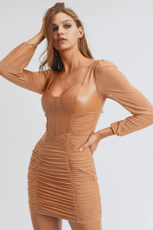 Mesh Ruched PU Contrast Bodycon DresS