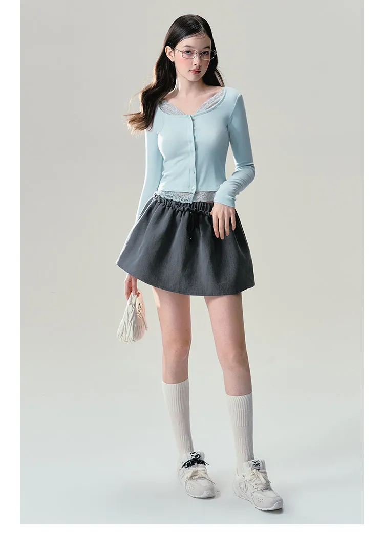 Mint Button down Lace Trim Cardigan