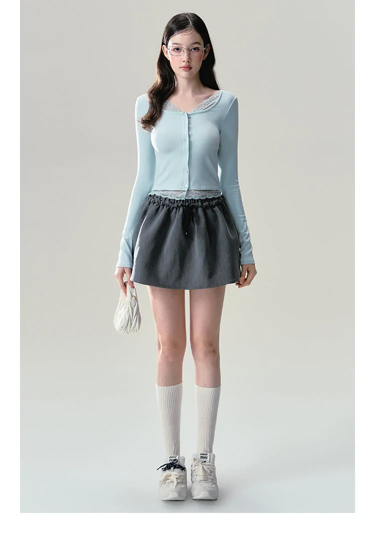 Mint Button down Lace Trim Cardigan