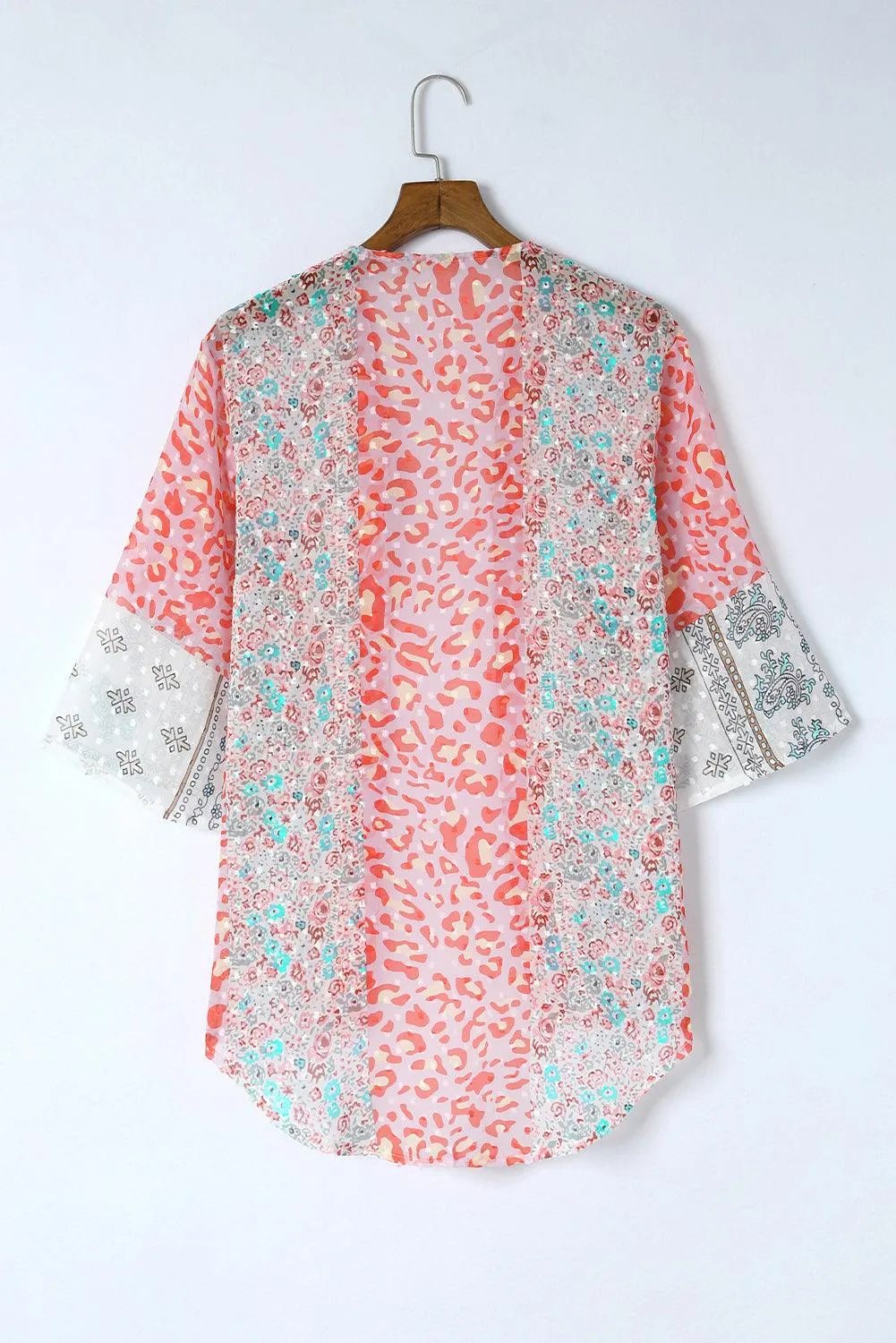 Multicolor Leopard Print Open Front Bell Sleeve Kimono Cardigan