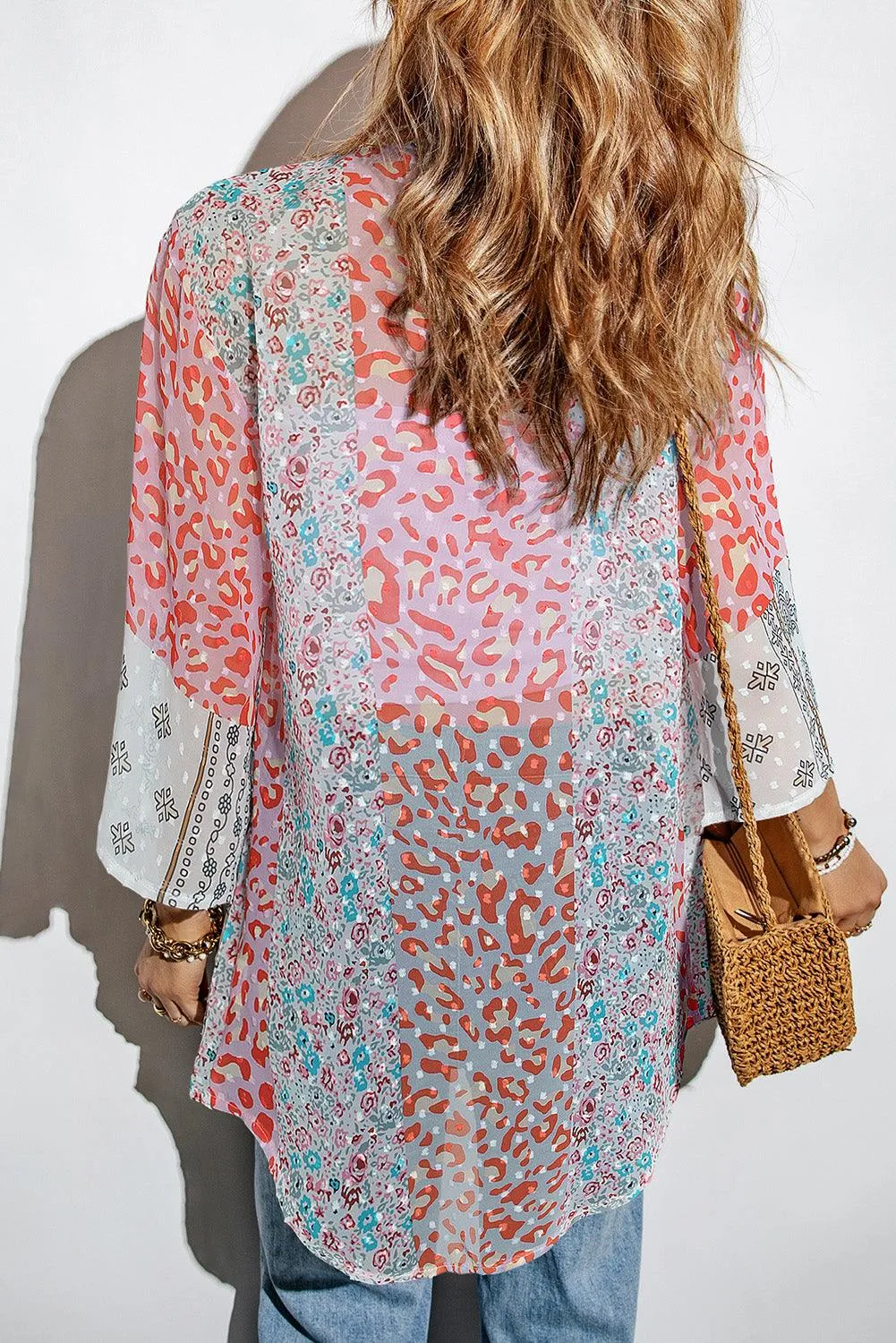 Multicolor Leopard Print Open Front Bell Sleeve Kimono Cardigan