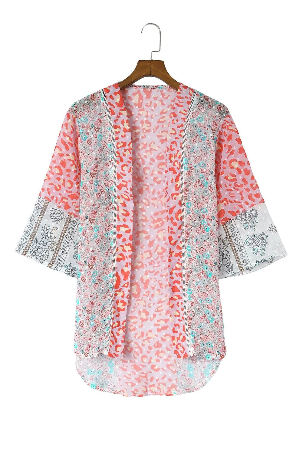 Multicolor Leopard Print Open Front Bell Sleeve Kimono Cardigan
