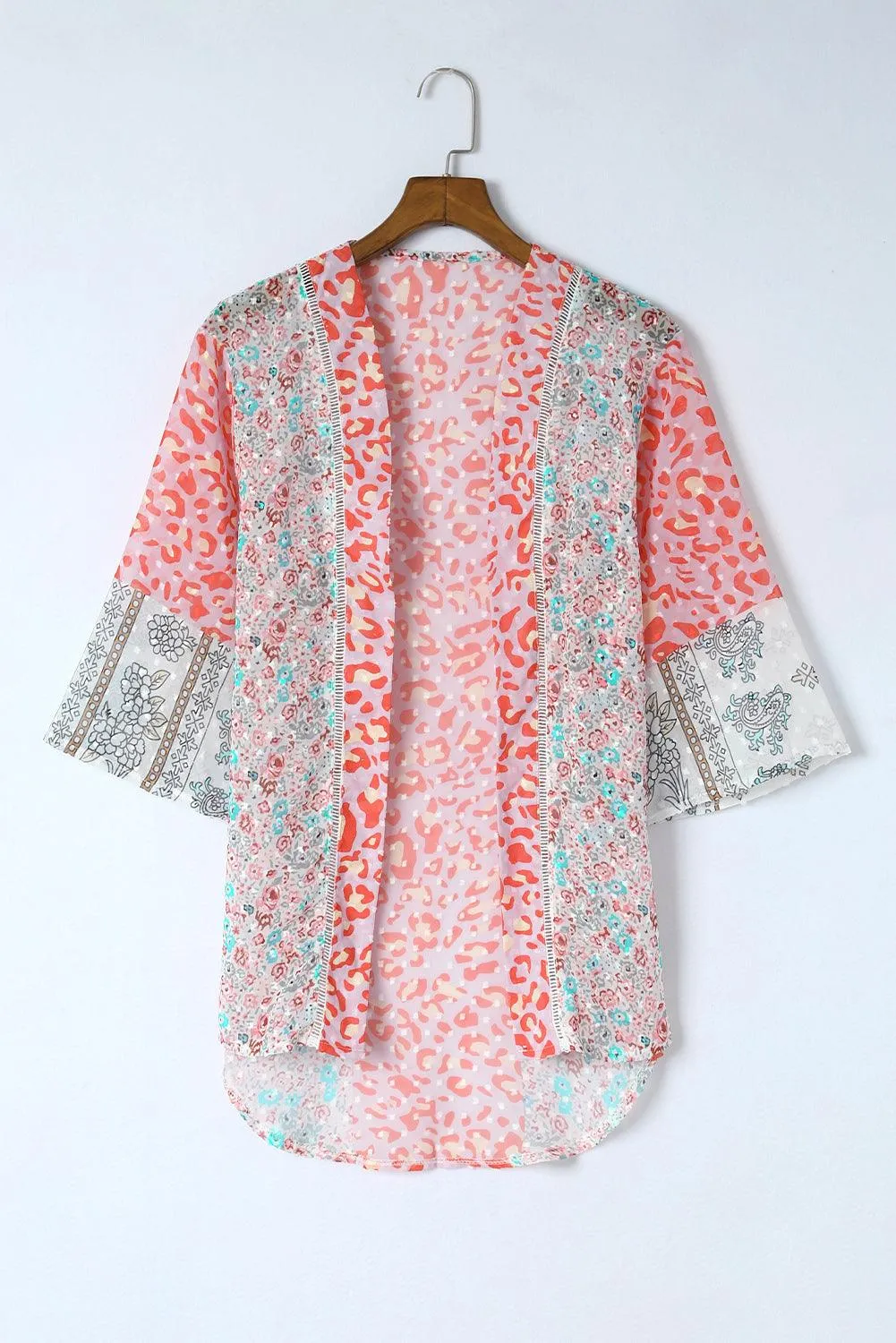 Multicolor Leopard Print Open Front Bell Sleeve Kimono Cardigan
