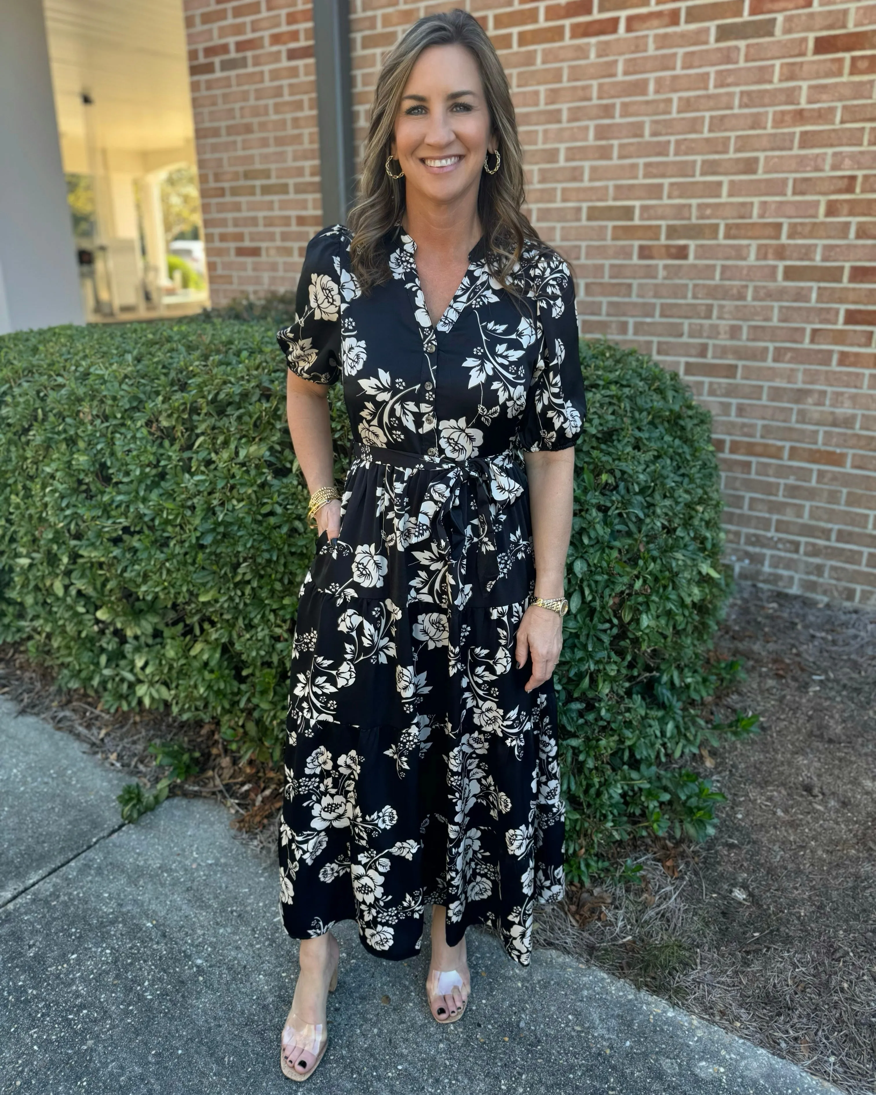 On The Spot Black Multi Floral Print Button Front Tiered Maxi Dress