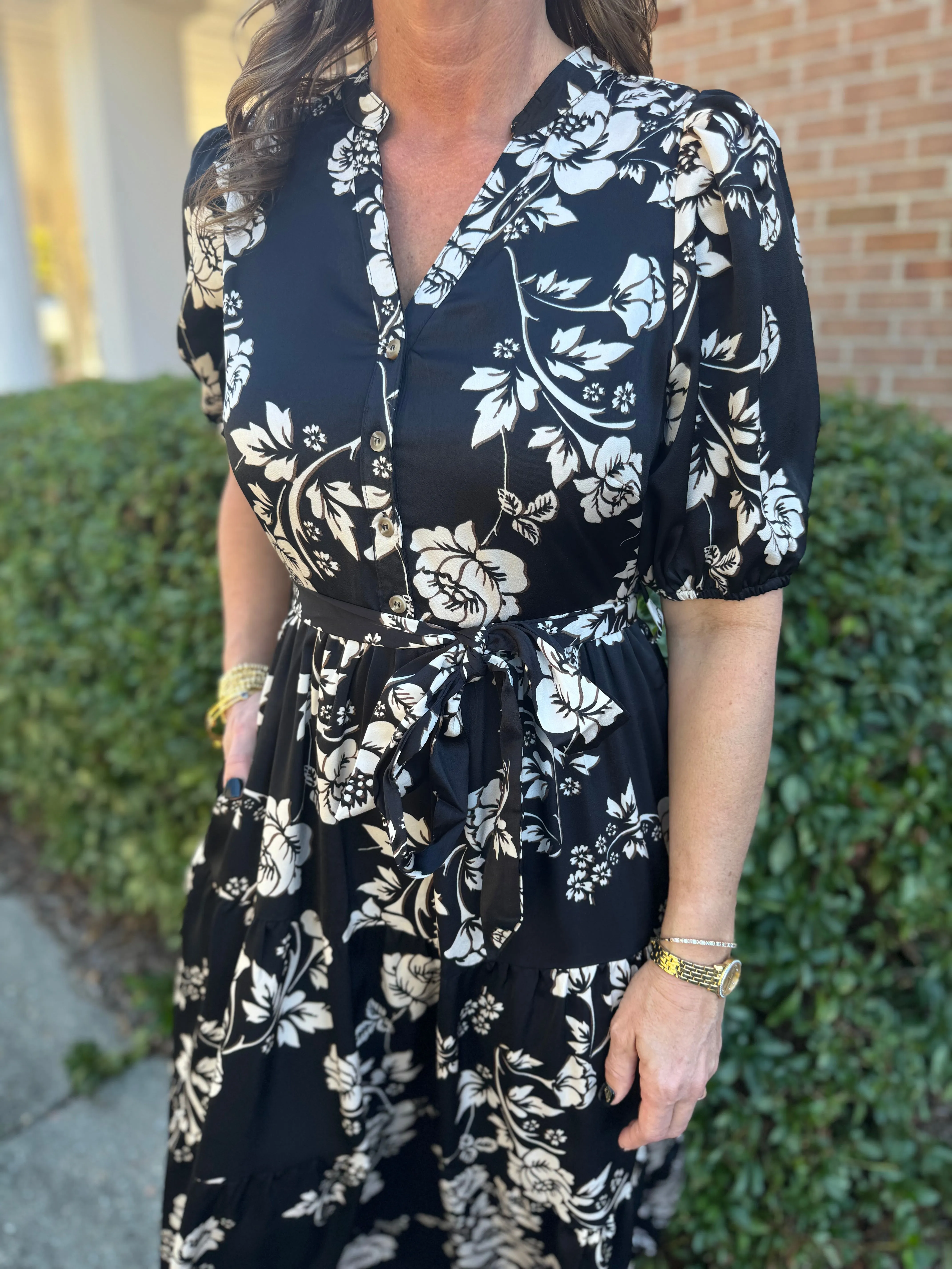 On The Spot Black Multi Floral Print Button Front Tiered Maxi Dress