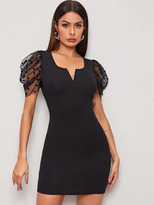 Polka-dot Mesh Puff Sleeve Bodycon Dress