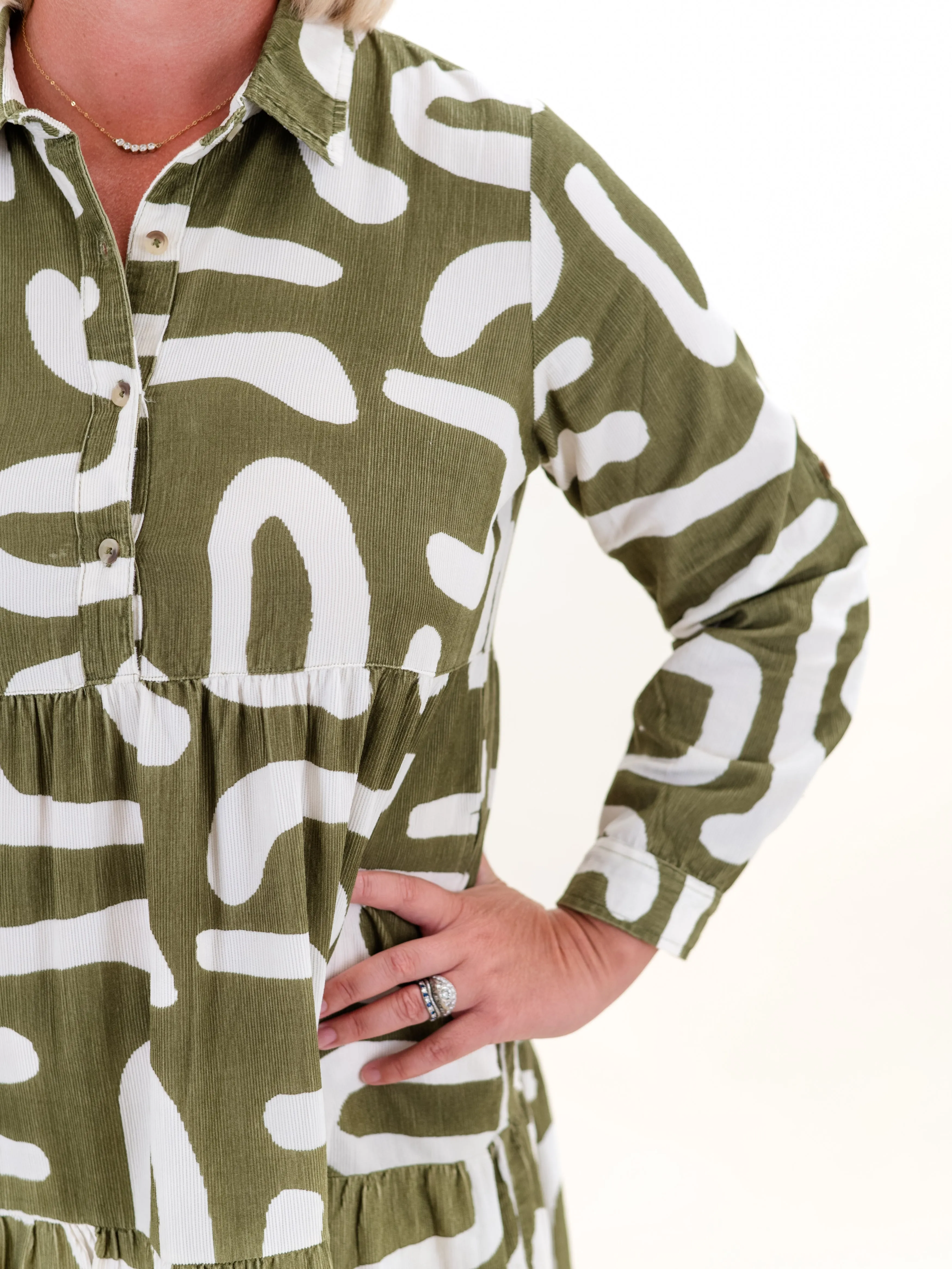 Printed Cord Maxi Dress Olive by Orientique