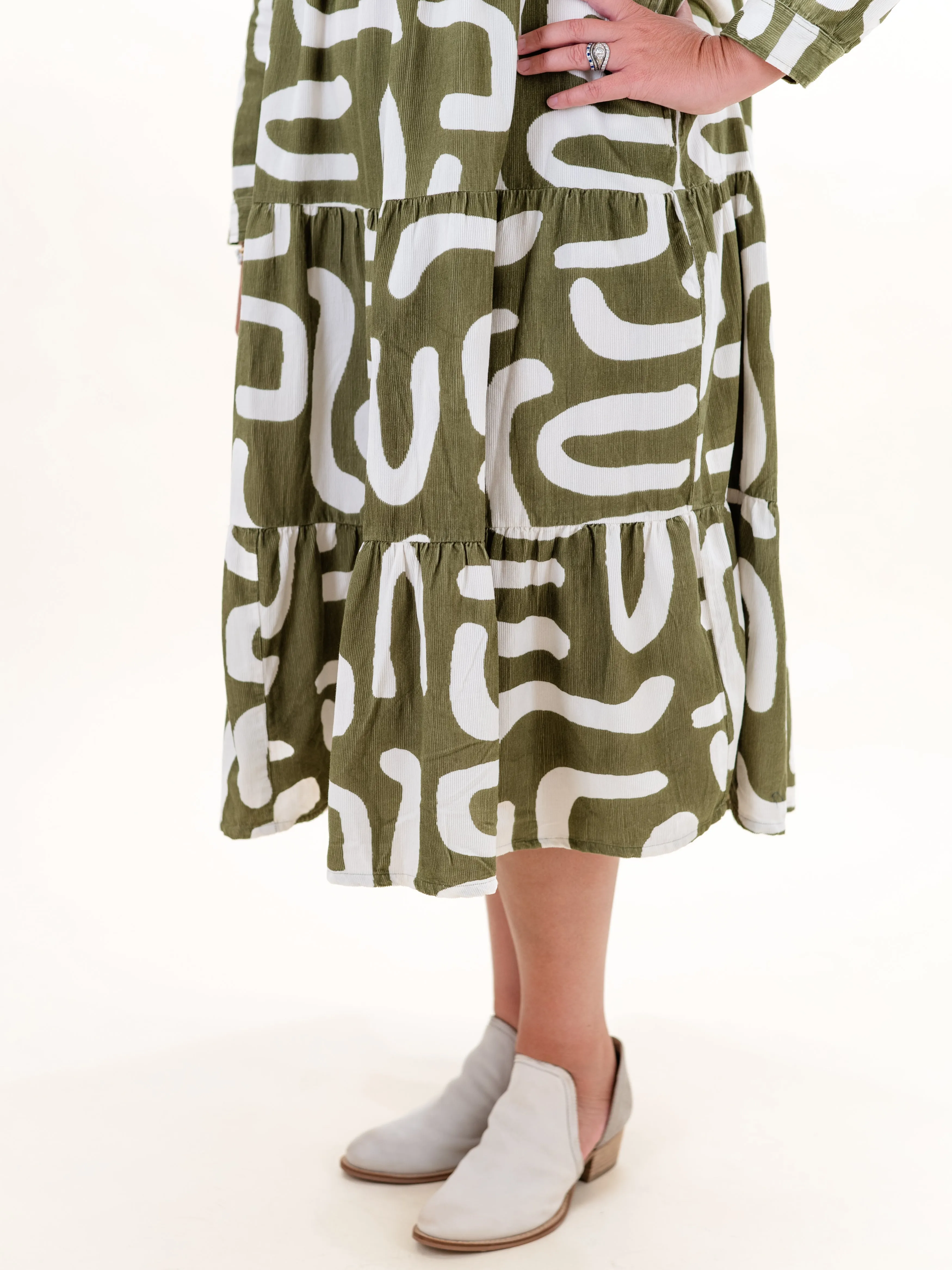Printed Cord Maxi Dress Olive by Orientique