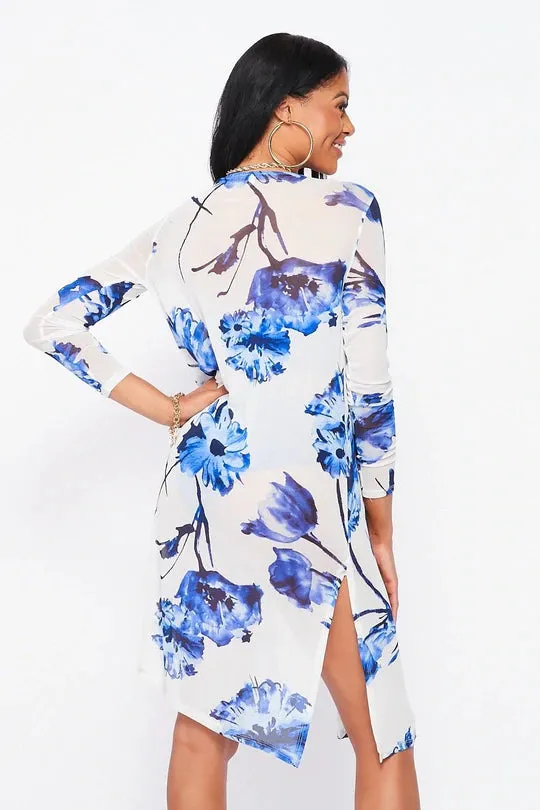 Royal Blue Floral Print Kimono