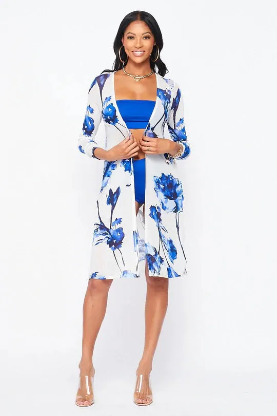 Royal Blue Floral Print Kimono